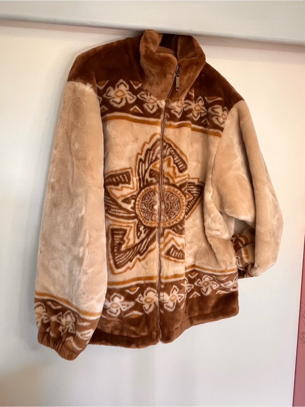 Patterned Teddy Zip-Up Jacket in Brown and Cream